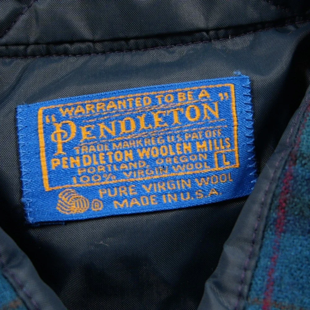 Pendleton Vintage Plaid Wool Flannel Men Shirt L Western Blue Logger Cabin Retro